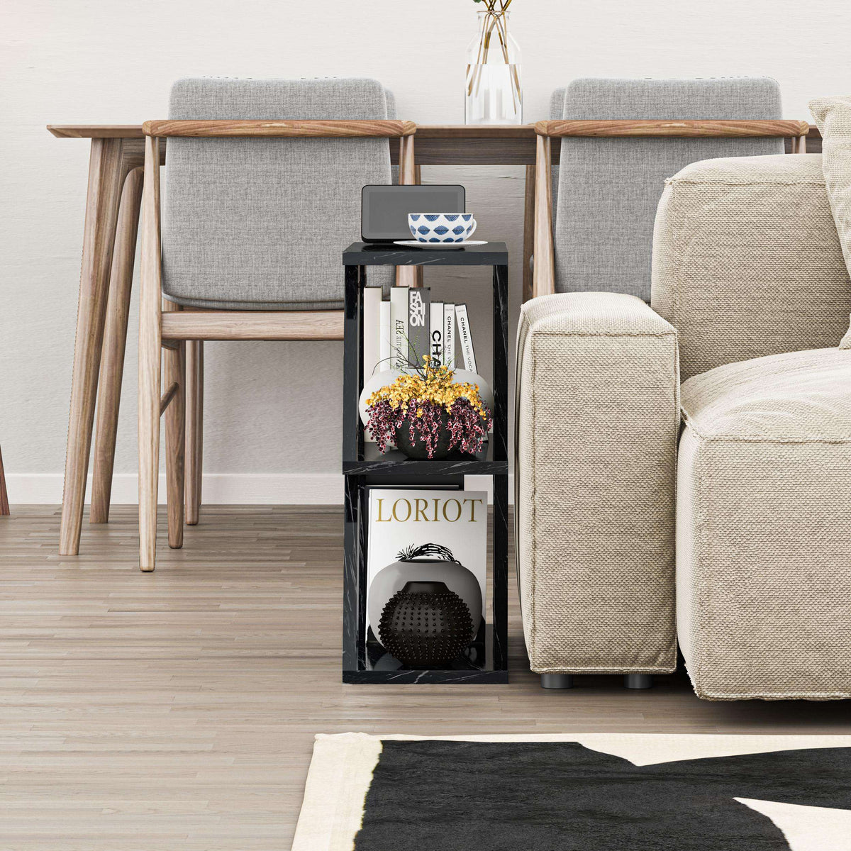 Modern compact side table, black with top and two open shelves