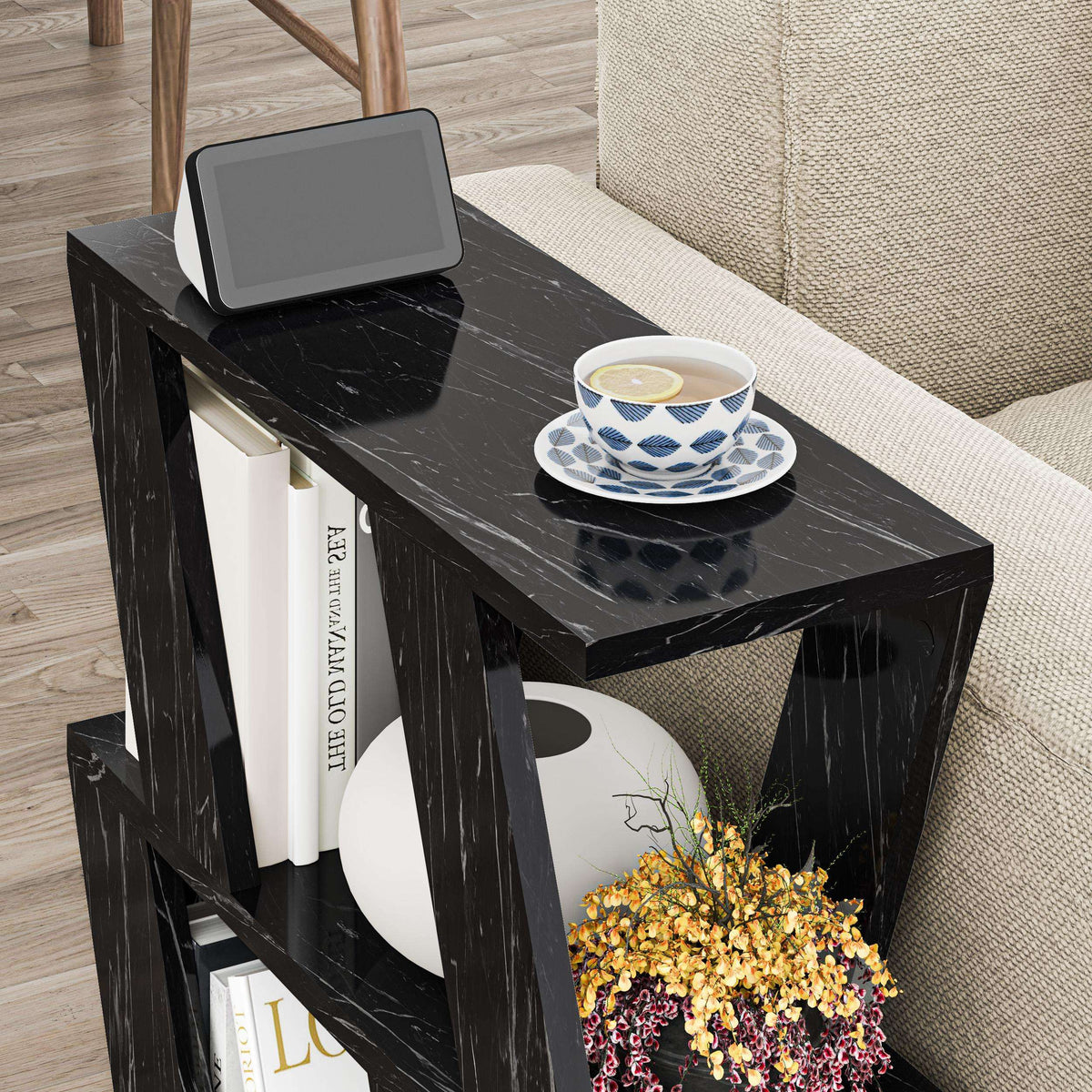 Compact modern side table with glossy dark top and open shelves