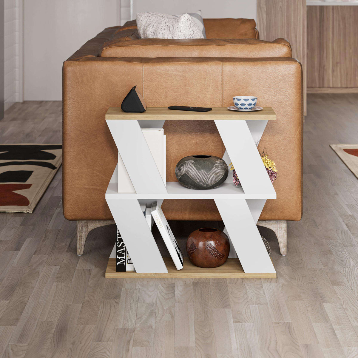 Compact modern side table with open shelves, light brown wood look finish