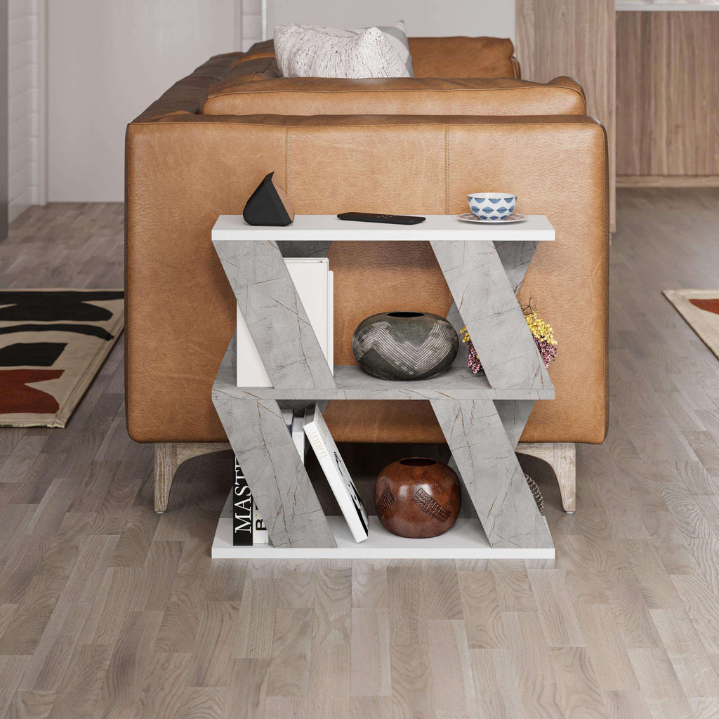 Compact modern side table with white marble-style surfaces and black open shelving