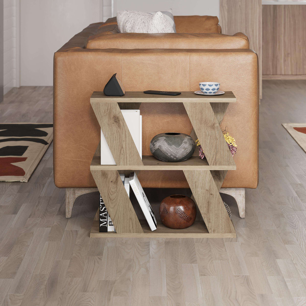 Compact modern side table with light wood frame and open shelving storage