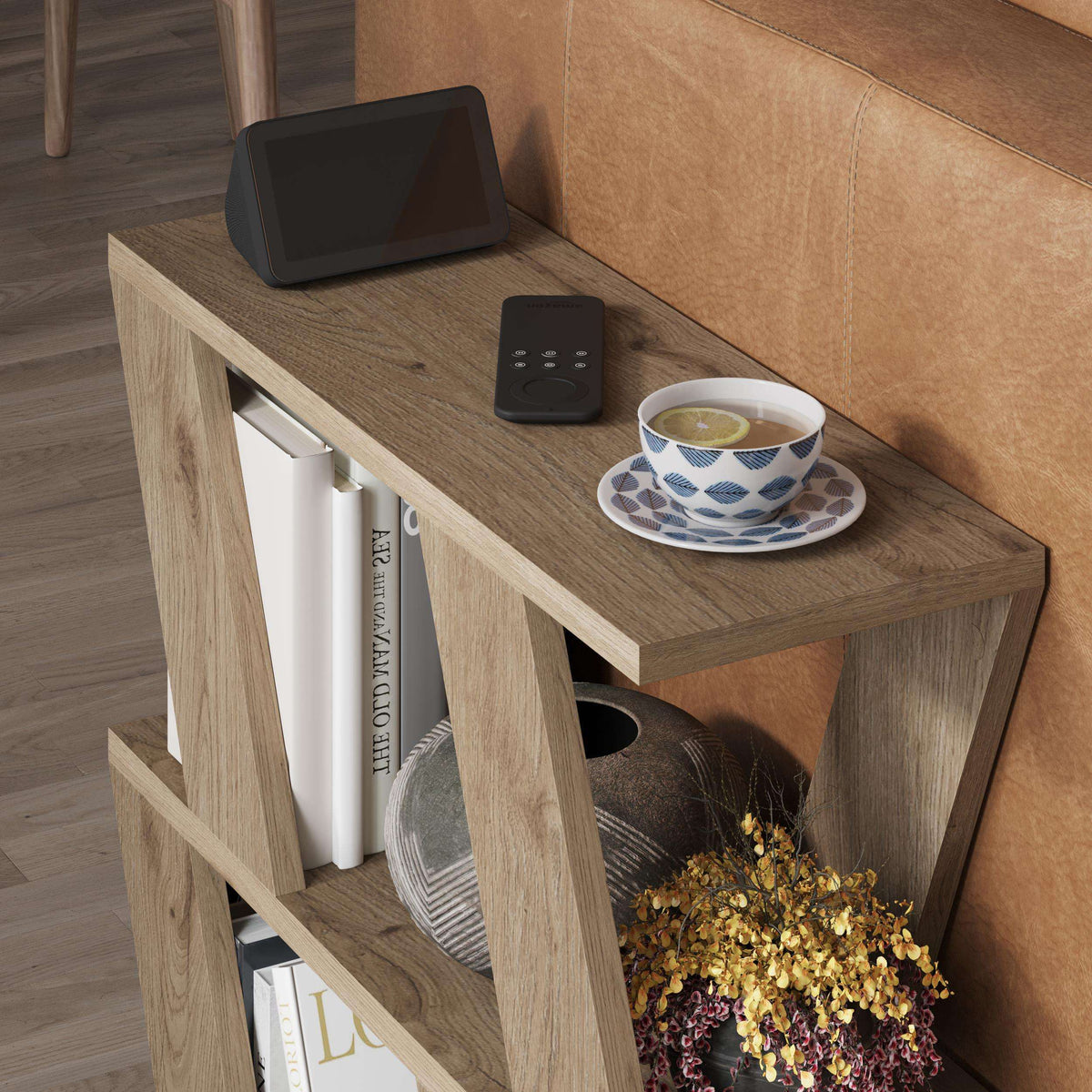 Compact modern side table with light oak frame, open shelves, and angled legs