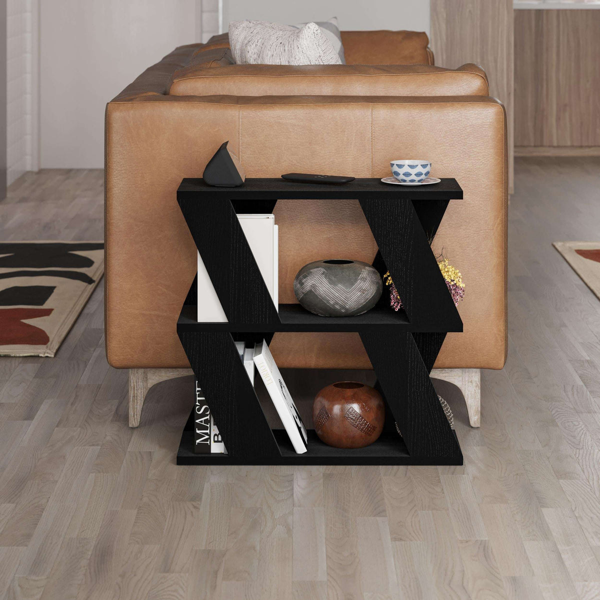 Compact modern side table with black frame and white marble-style shelves