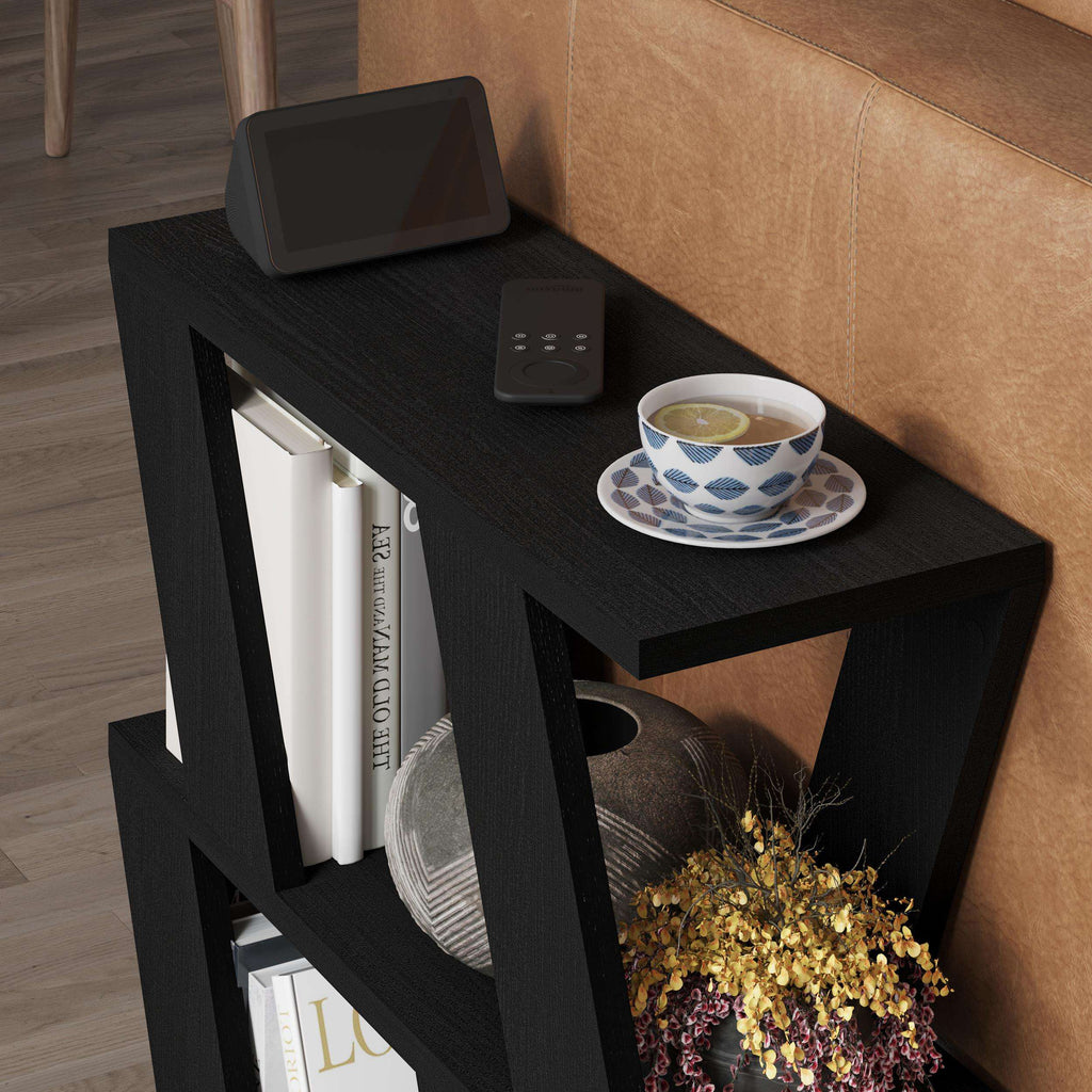 Compact modern side table in black with top and open shelf storage