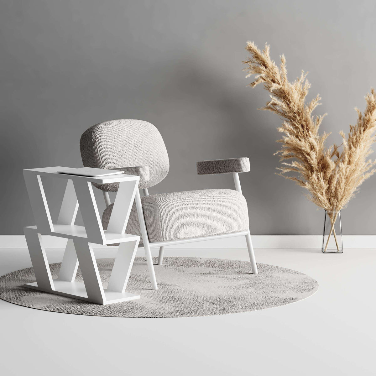 White compact side table with open shelves, beside upholstered chairs and vase