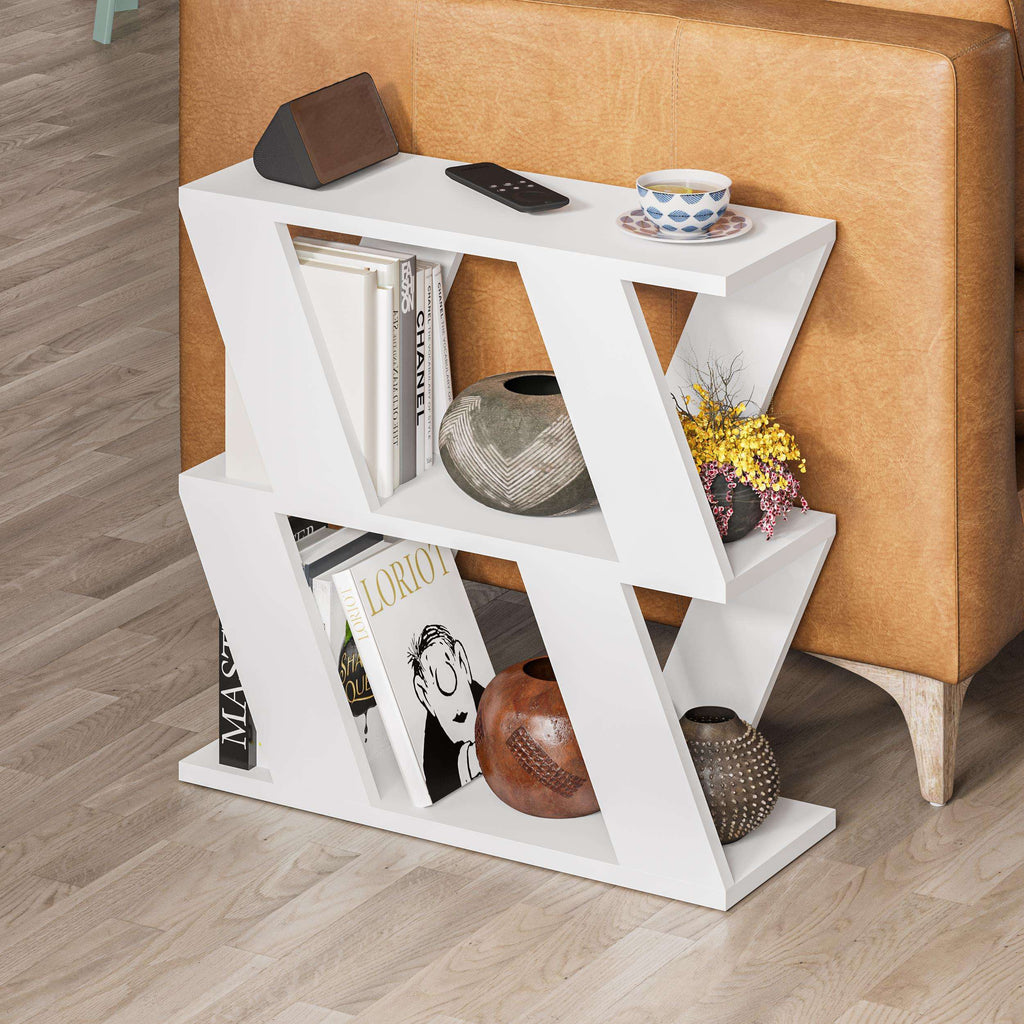 White open-shelf compact side table with decorative accessories on top and shelves