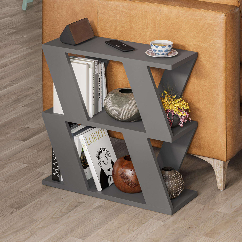 Compact modern side table with grey frame, dark tabletop, and open cubby shelves