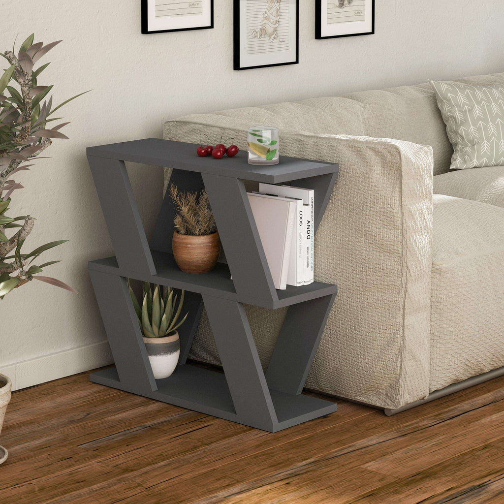 Compact modern side table with grey frame, open storage shelves, and potted plants