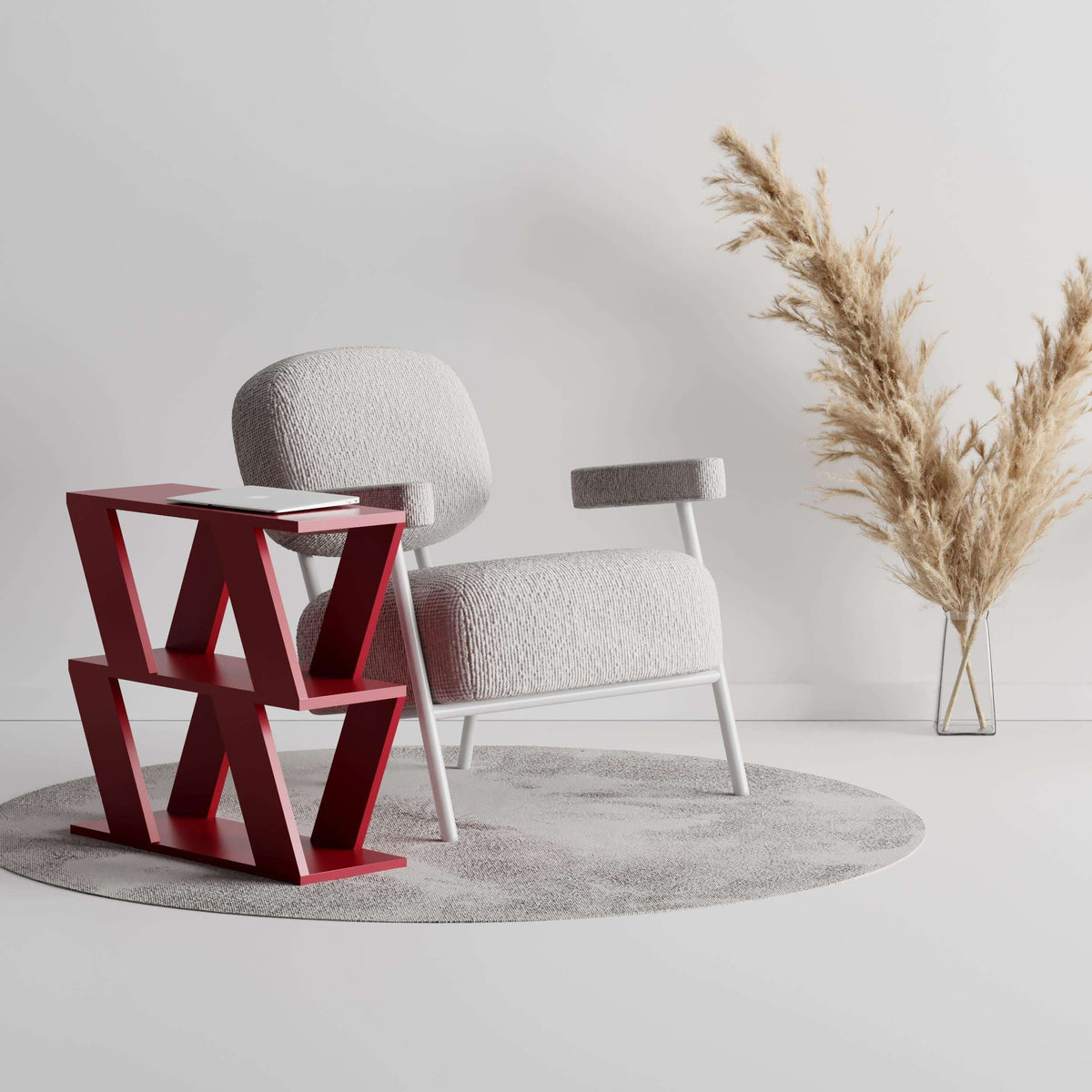 Modern compact side table with red geometric frame and open cubby shelves