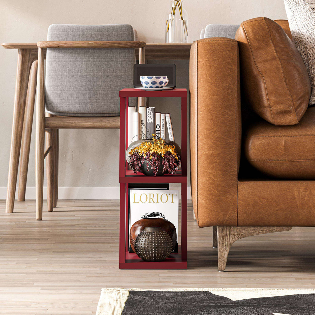Modern compact red side table with open shelves and flat top surface