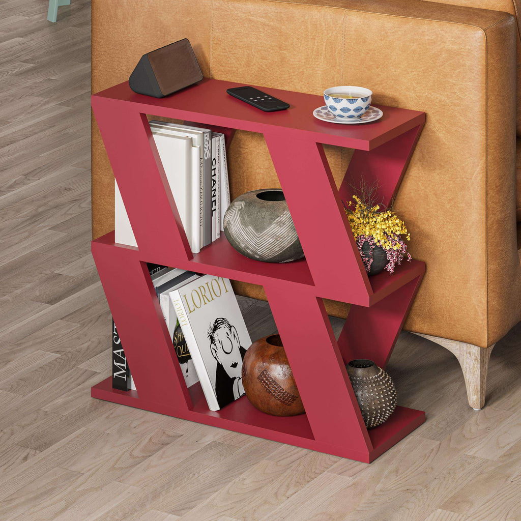 Red modern side table with open X-frame shelves and flat top