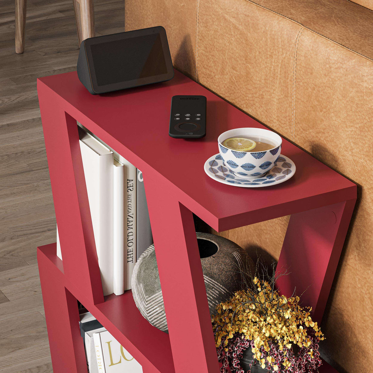 Red modern side table with glossy top and open side shelf compartments