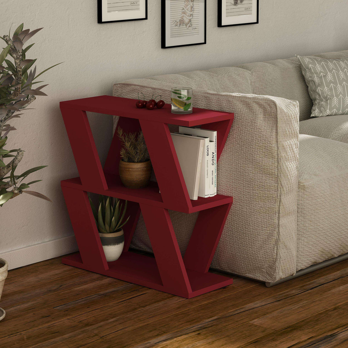 Red compact side table with open shelf design and flat top surface