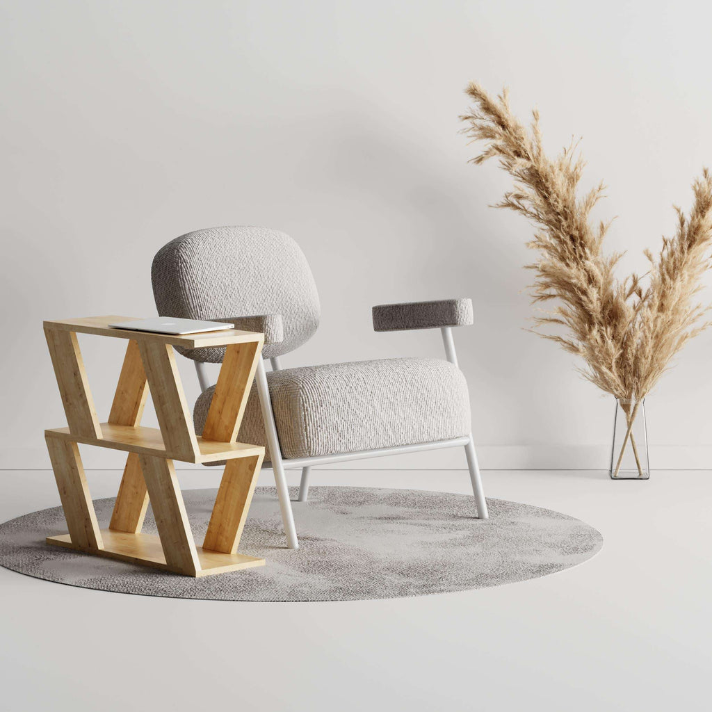 Compact modern side table in light wood with small tabletop and shelf