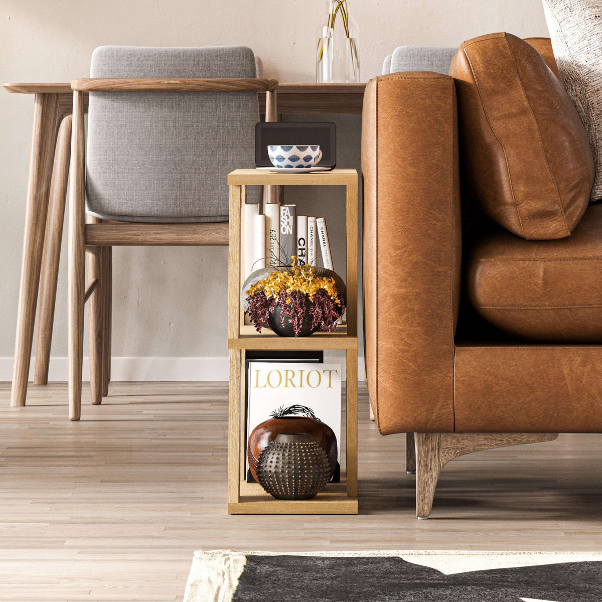 Compact modern side table in light wood with open shelving and tabletop