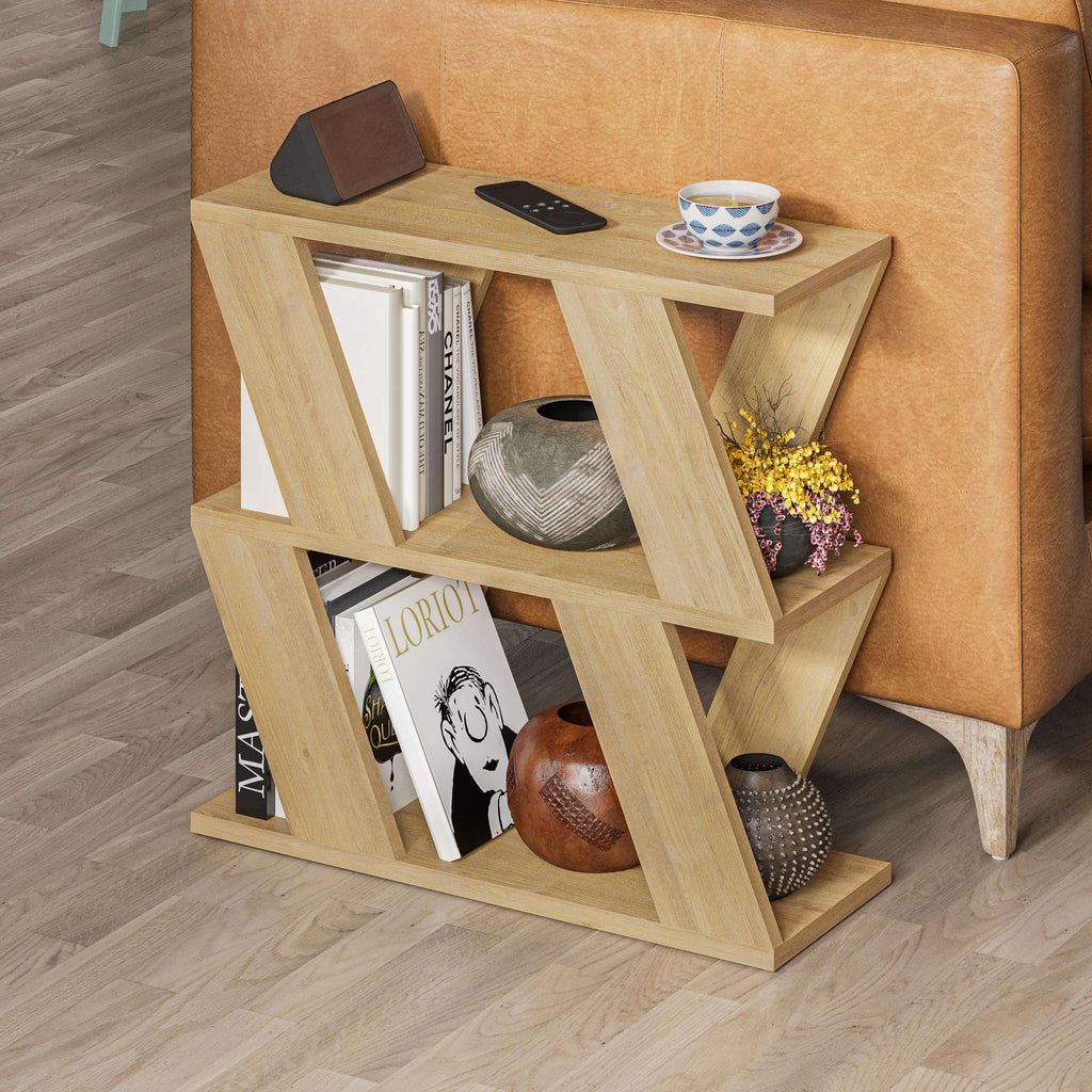 Compact modern side table in light wood with open shelves and curved decor