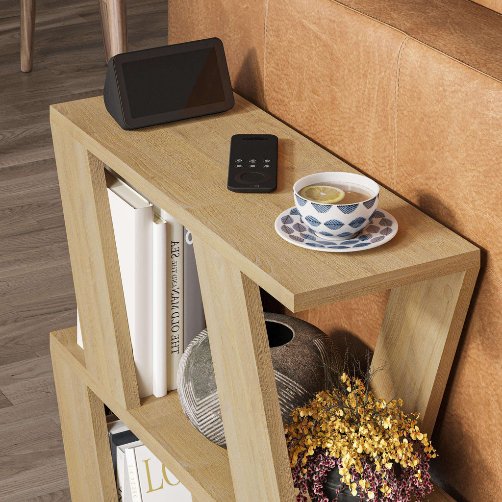 Compact modern side table in light wood with open shelves and tabletop