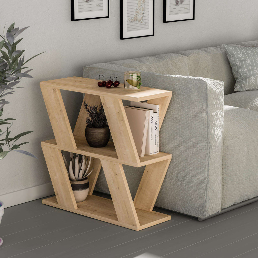 Compact modern side table with open storage shelves, light wood finish, on living room floor