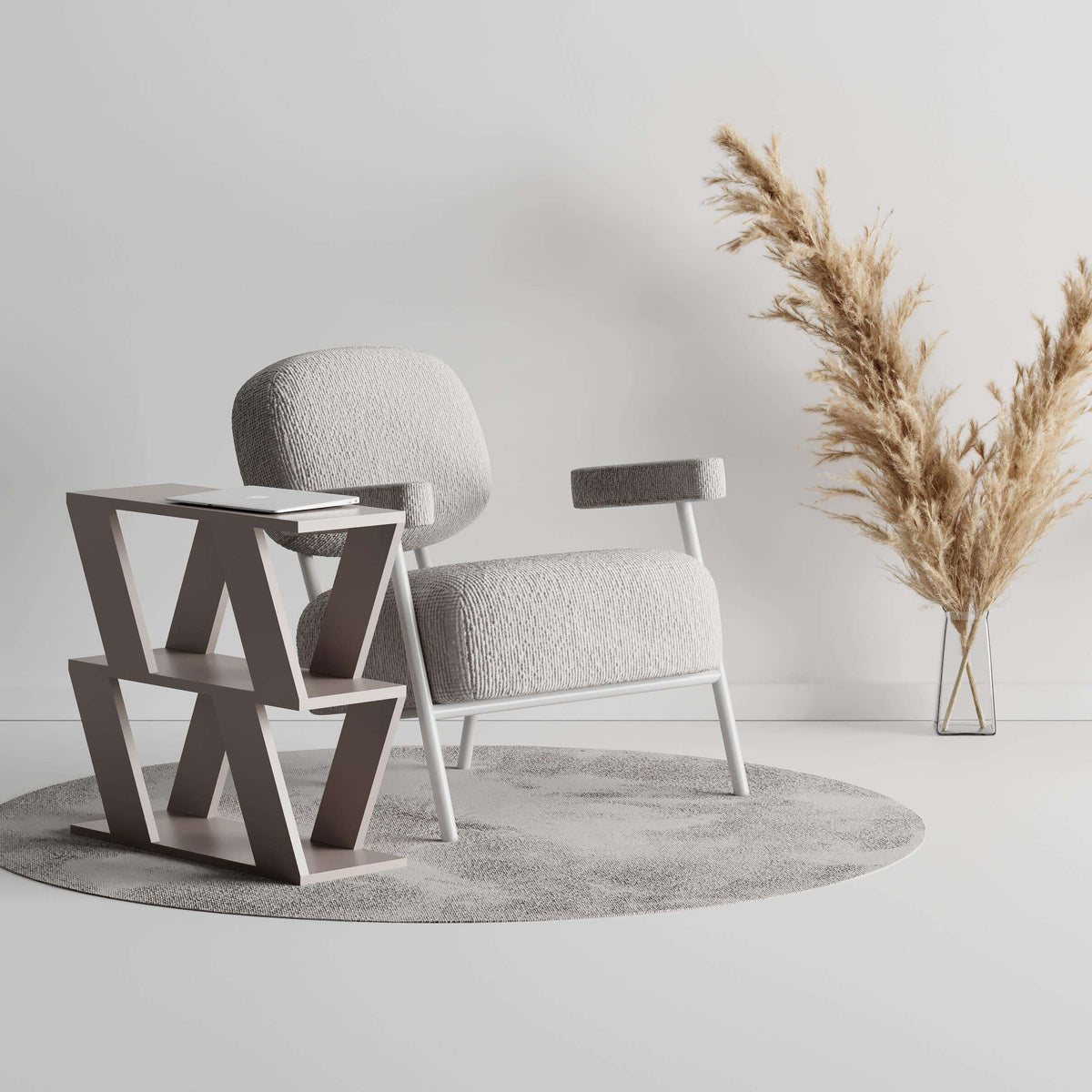 Compact modern side table with open shelves, dark finish, next to upholstered chair