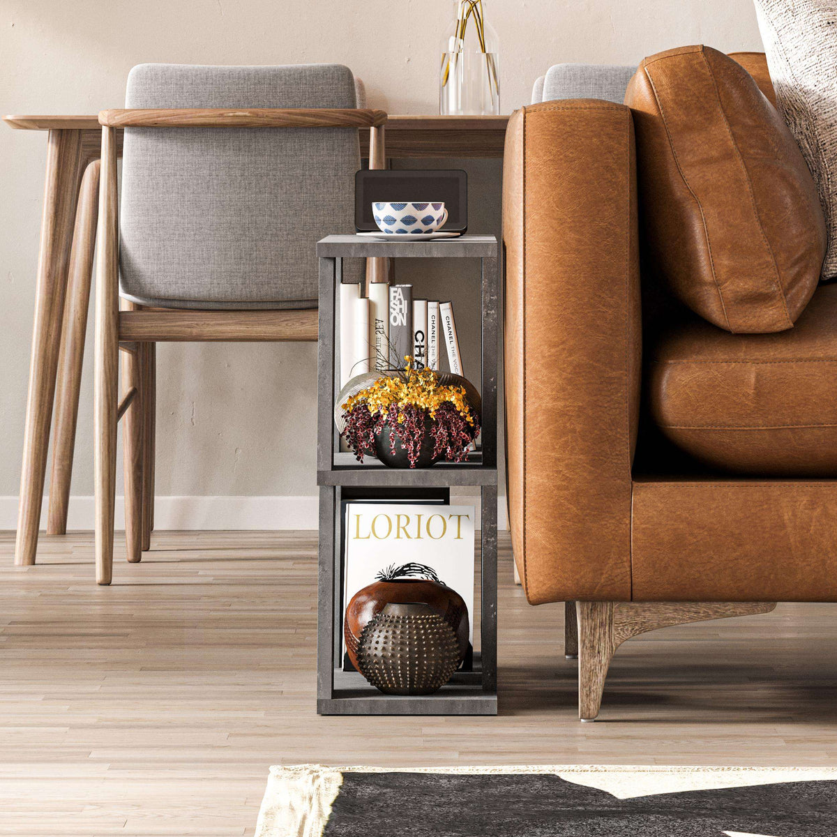Compact modern side table with grey stone-look shelves and open storage unit