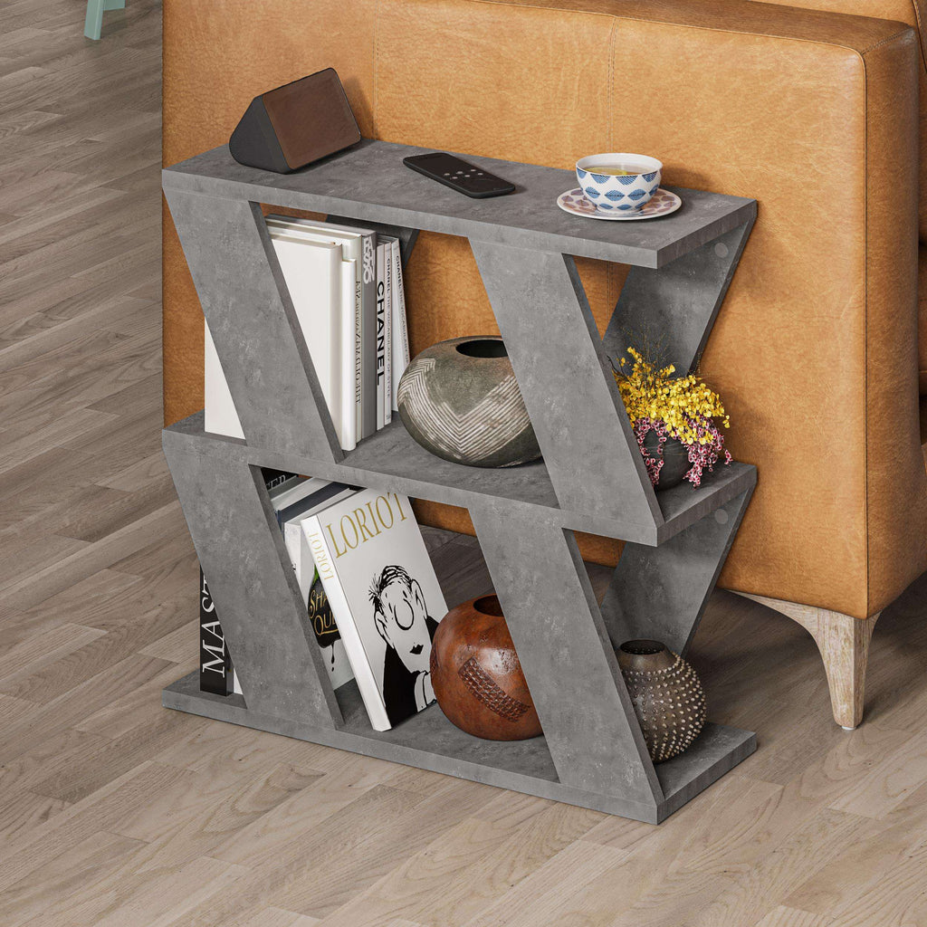 Compact modern side table with dark grey open frame, shelves, and storage compartments