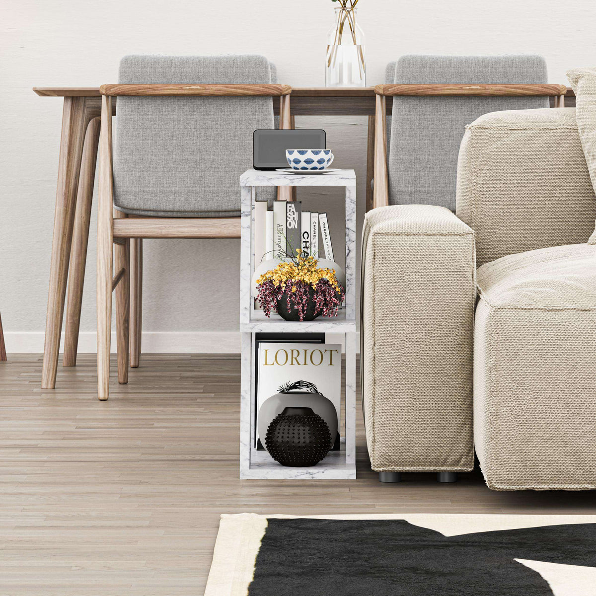 Compact modern side table with white open shelf unit and light wood frame