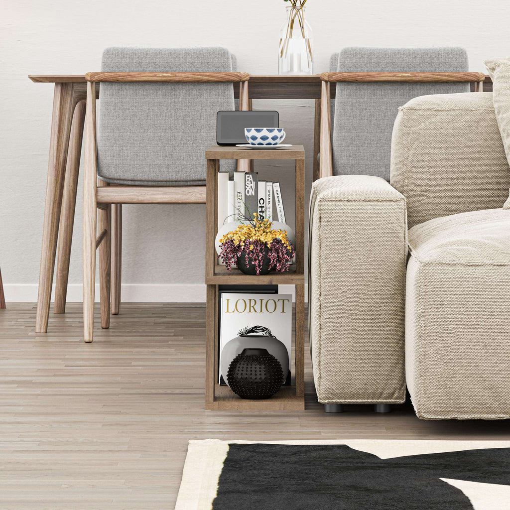 Compact modern side table with dark wood open shelving and tabletop