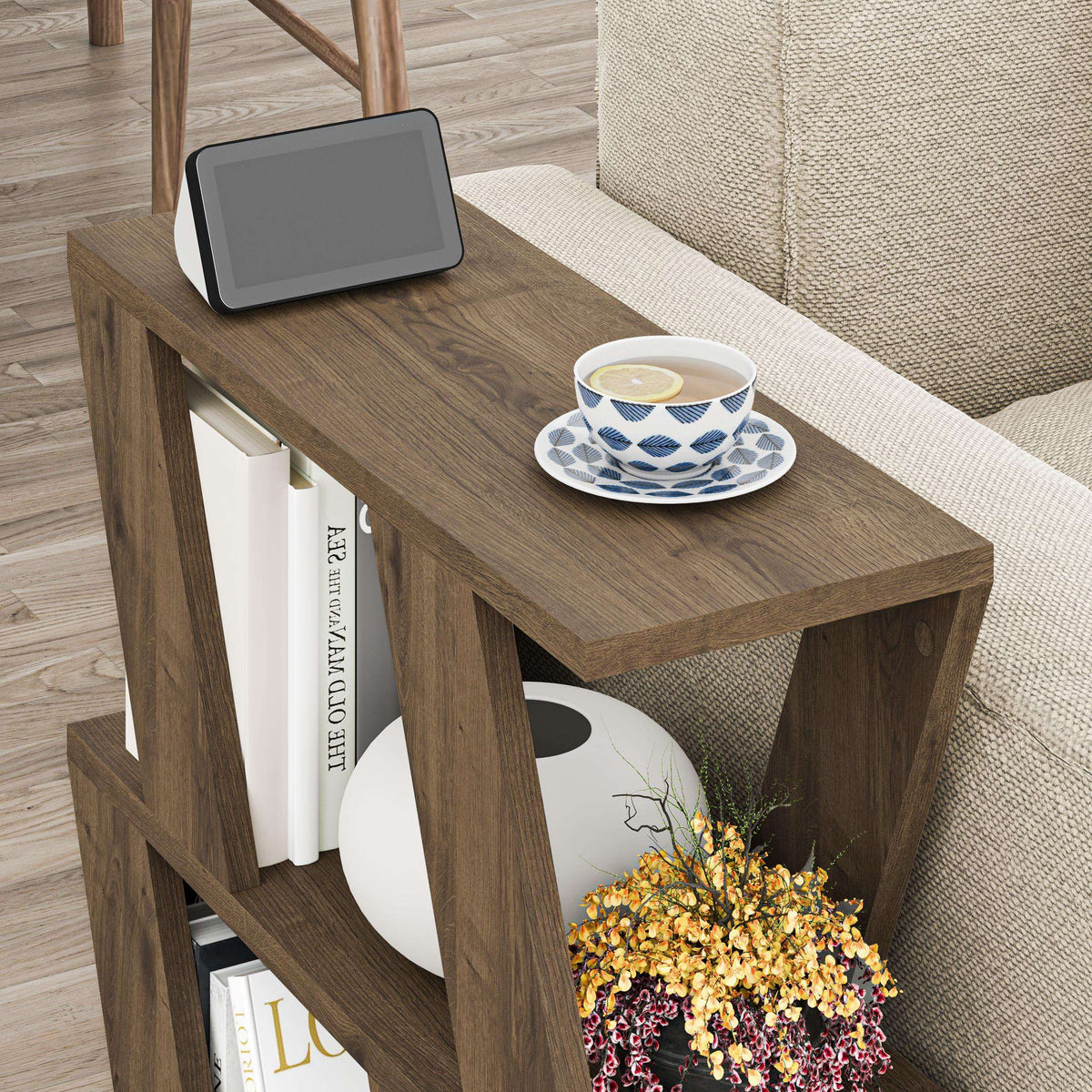 Compact modern side table in natural wood with open shelves and tabletop