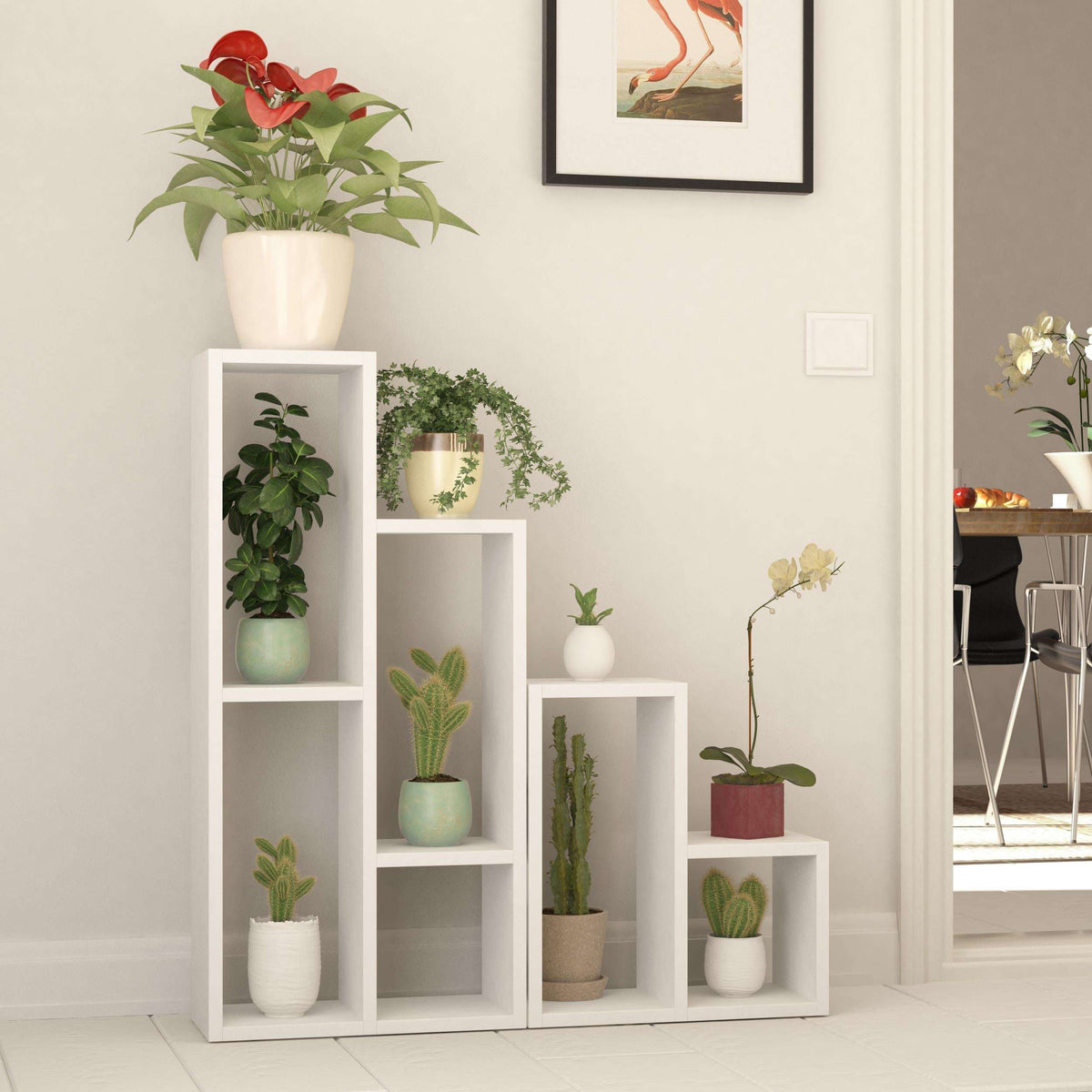 White multipurpose plant stand with four open shelves holding potted plants.