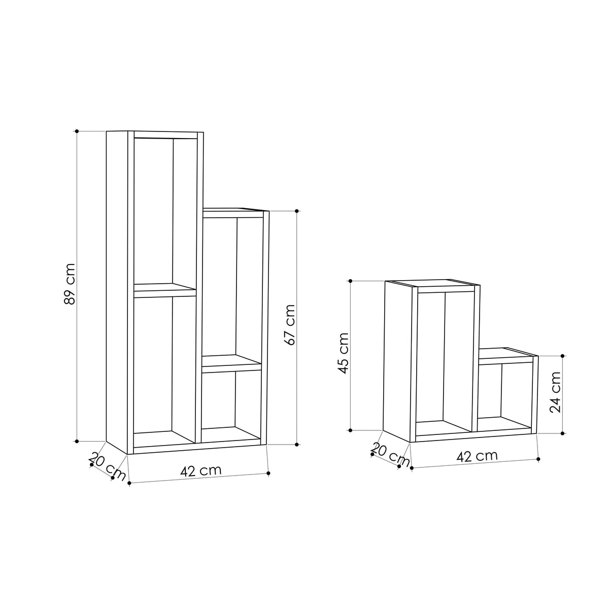 Multipurpose plant stand with four open shelves; front and side dimension views.