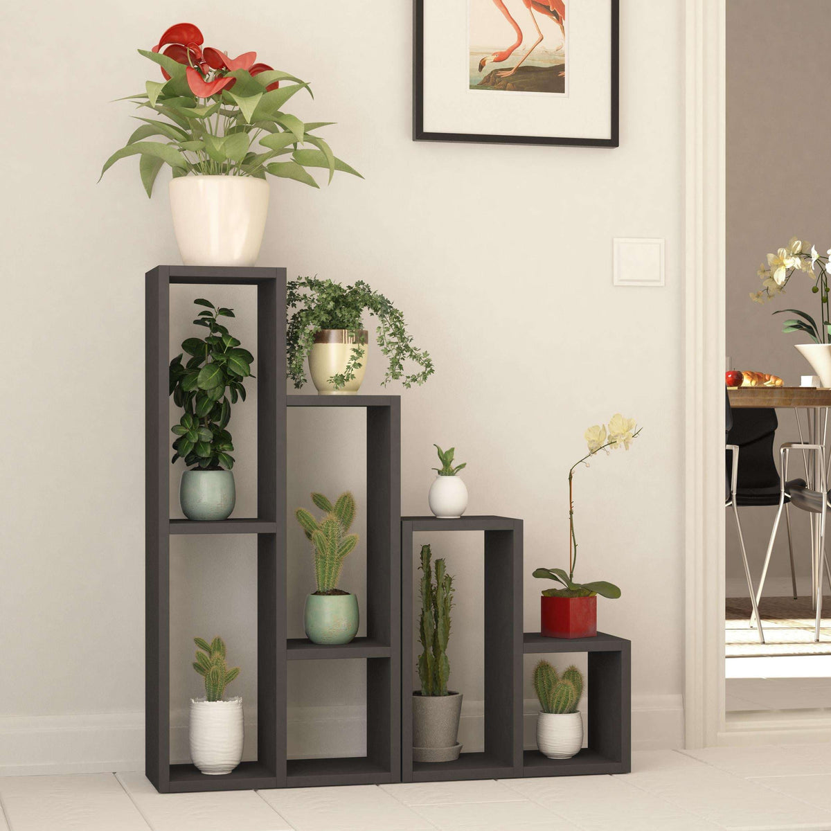 Anthracite multipurpose plant stand with four open shelves holding potted plants.
