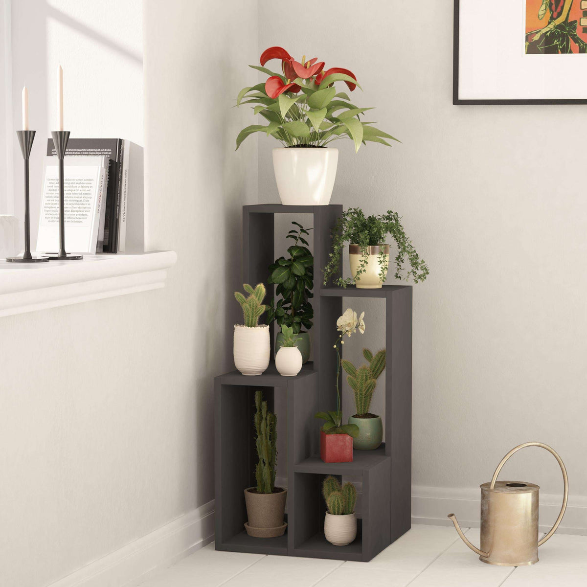 Anthracite multipurpose plant stand with four open shelves in a corner display.
