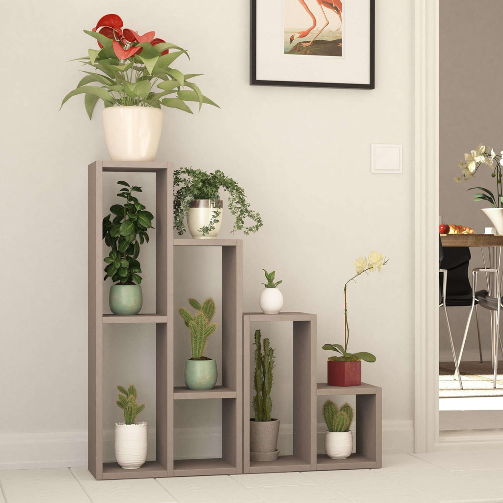 Light mocha multipurpose plant stand with four open shelves holding potted plants.