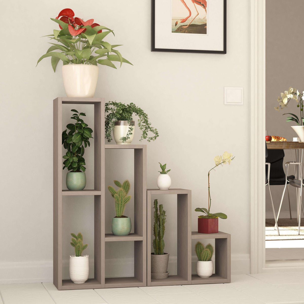 Light mocha multipurpose plant stand with four open shelves holding potted plants.