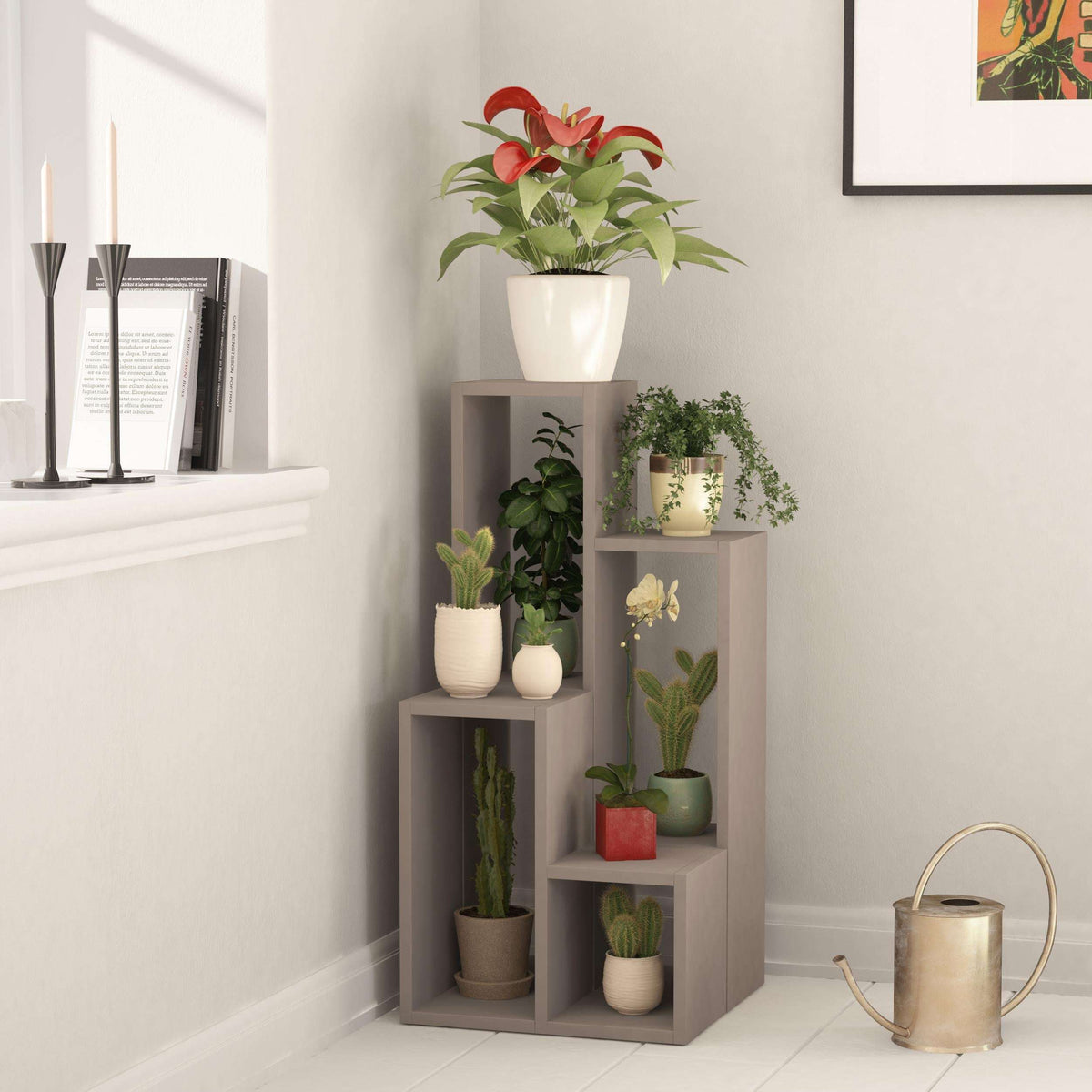 Light mocha multipurpose plant stand with four open shelves in a corner display.