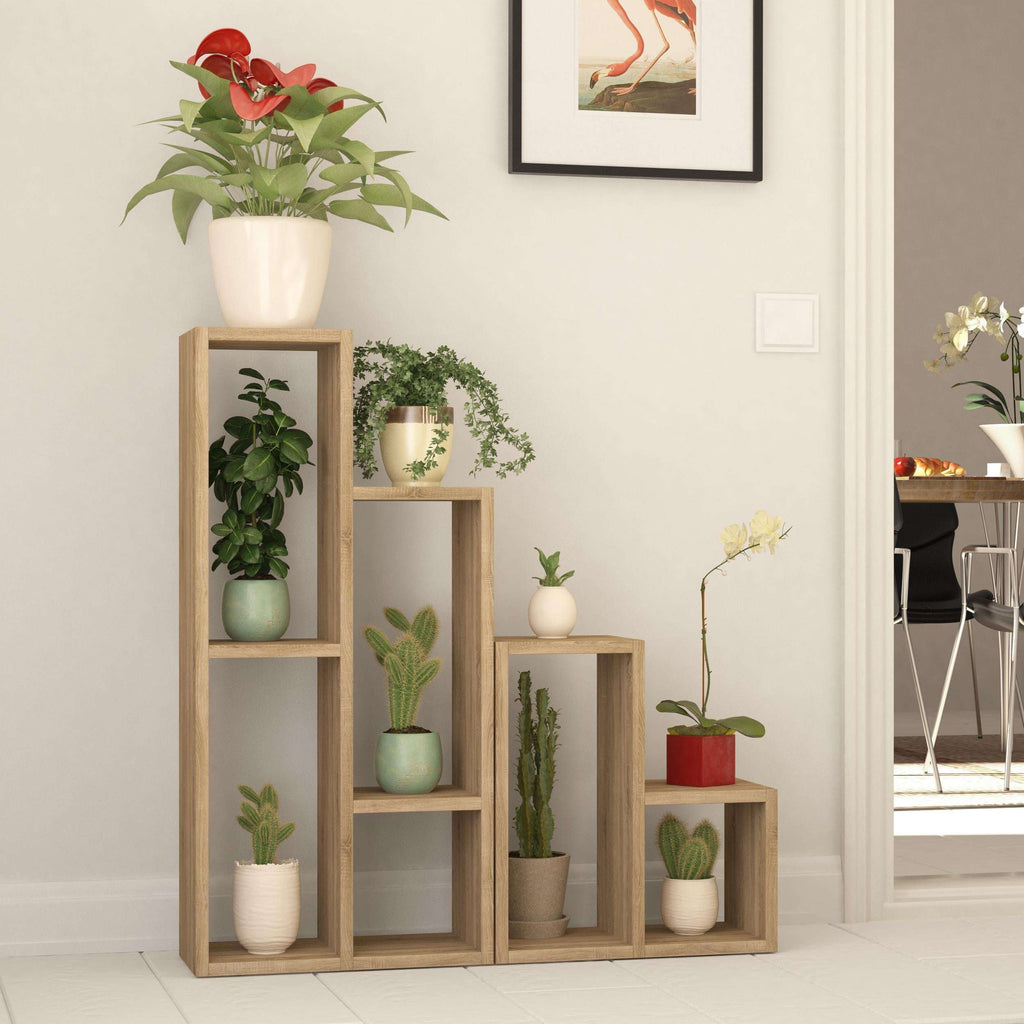 Oak multipurpose plant stand with four open shelves holding potted plants.