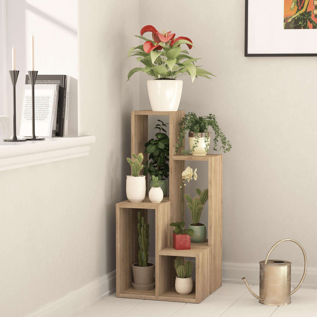 Modern multipurpose plant stand with open square shelving and wooden finish.