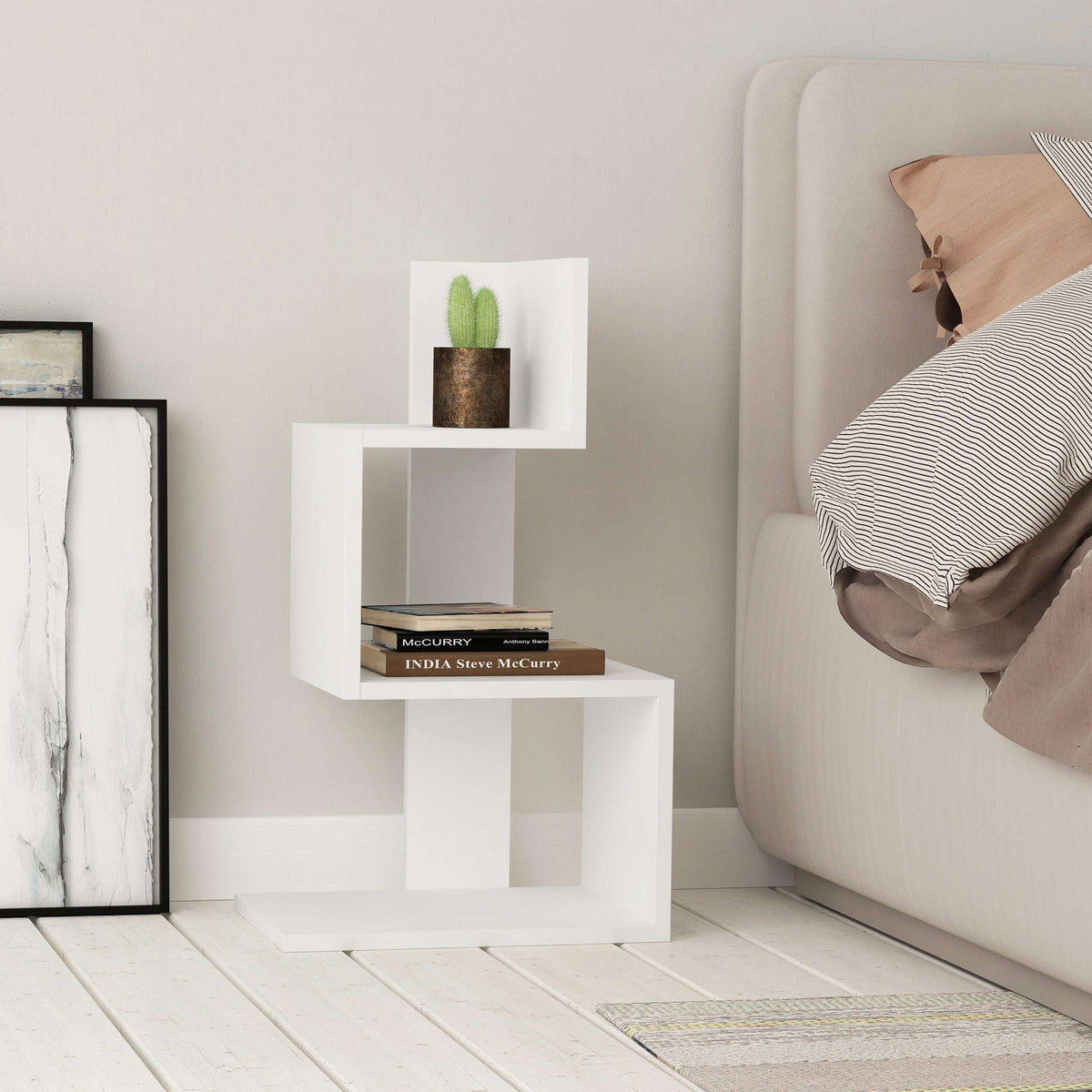 White modern side end table with open shelves, stepped compartments