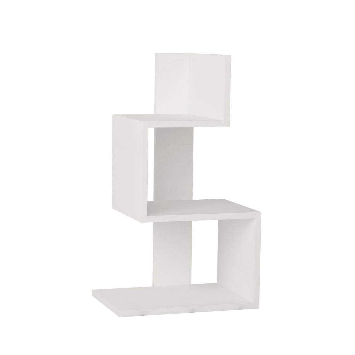 White modern side end table with open shelving and boxy stepped compartments