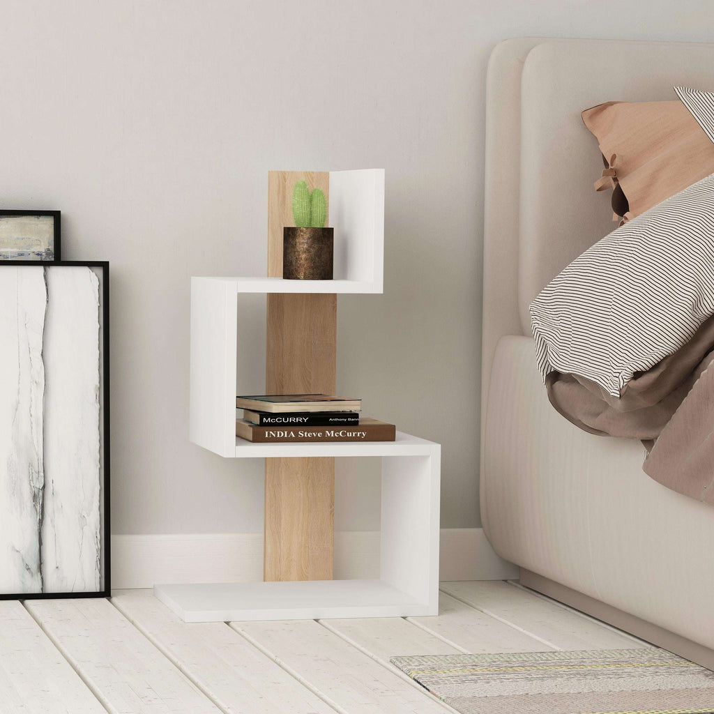 White side end table with oak open shelves and three-tier display