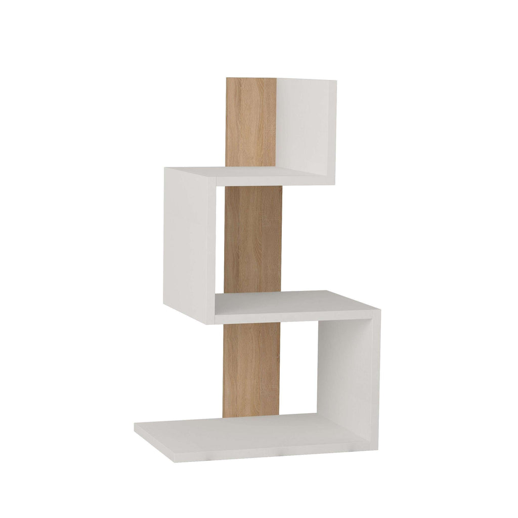White and oak side end table with stacked open shelves and vertical support