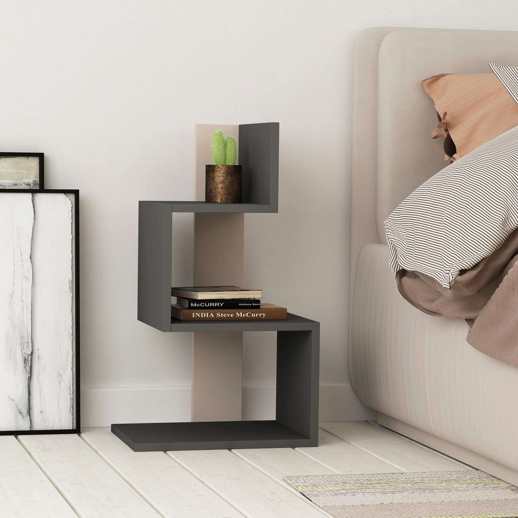 Anthracite side end table with three-tier open shelves and oak-toned back panel