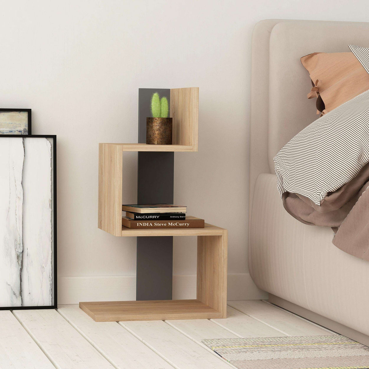 Two-tone modern side end table with open shelves, light oak and dark anthracite accents