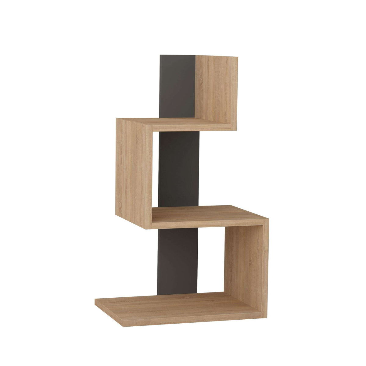 Two-tone side end table with open shelving, light oak sides and dark anthracite back panels