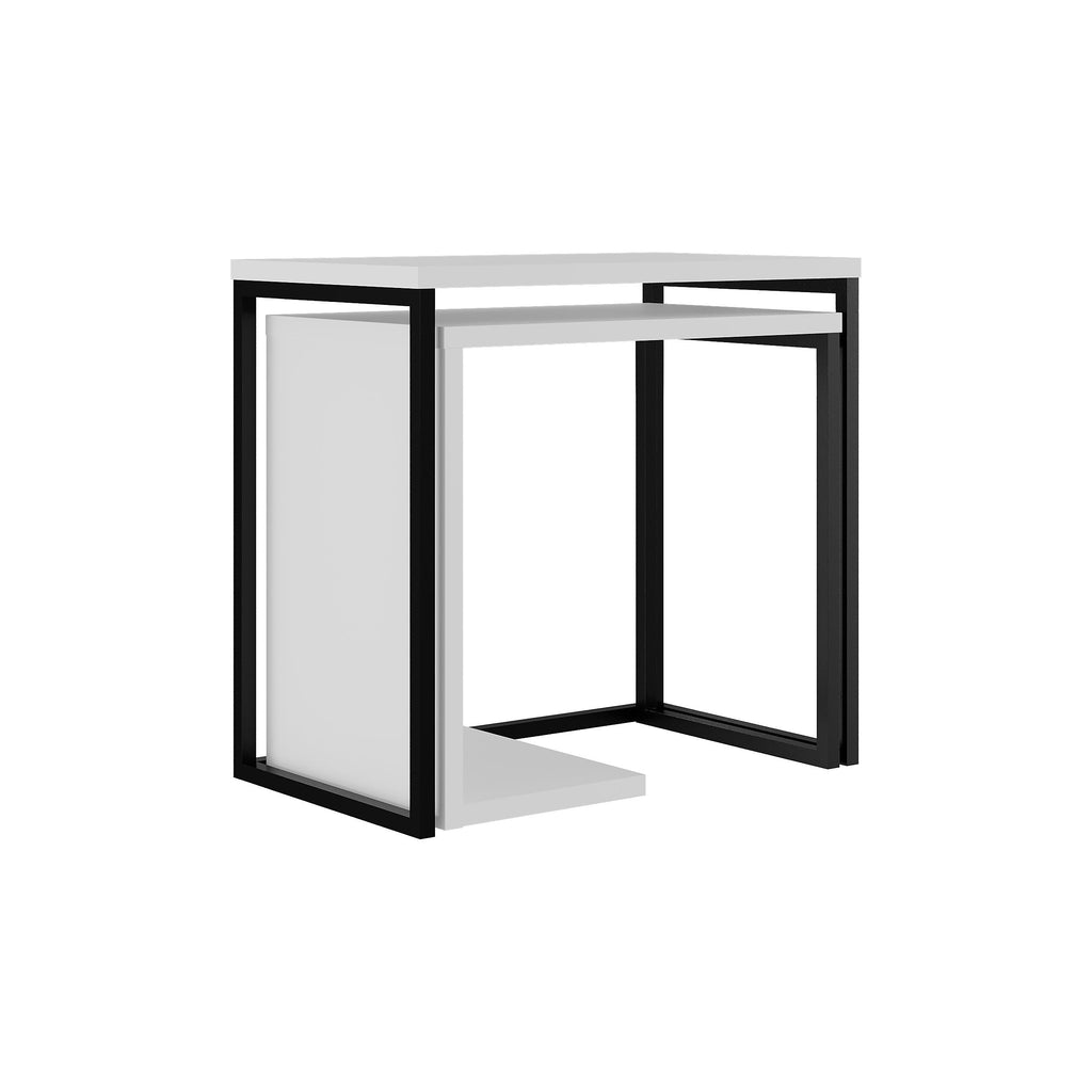 White nesting side table pair with black metal frames and open shelves