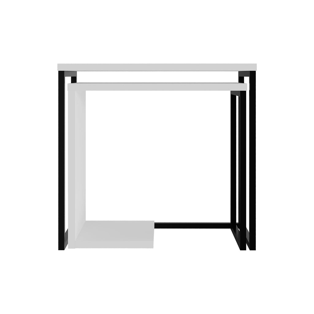 White nesting side table with black metal base and open storage shelf