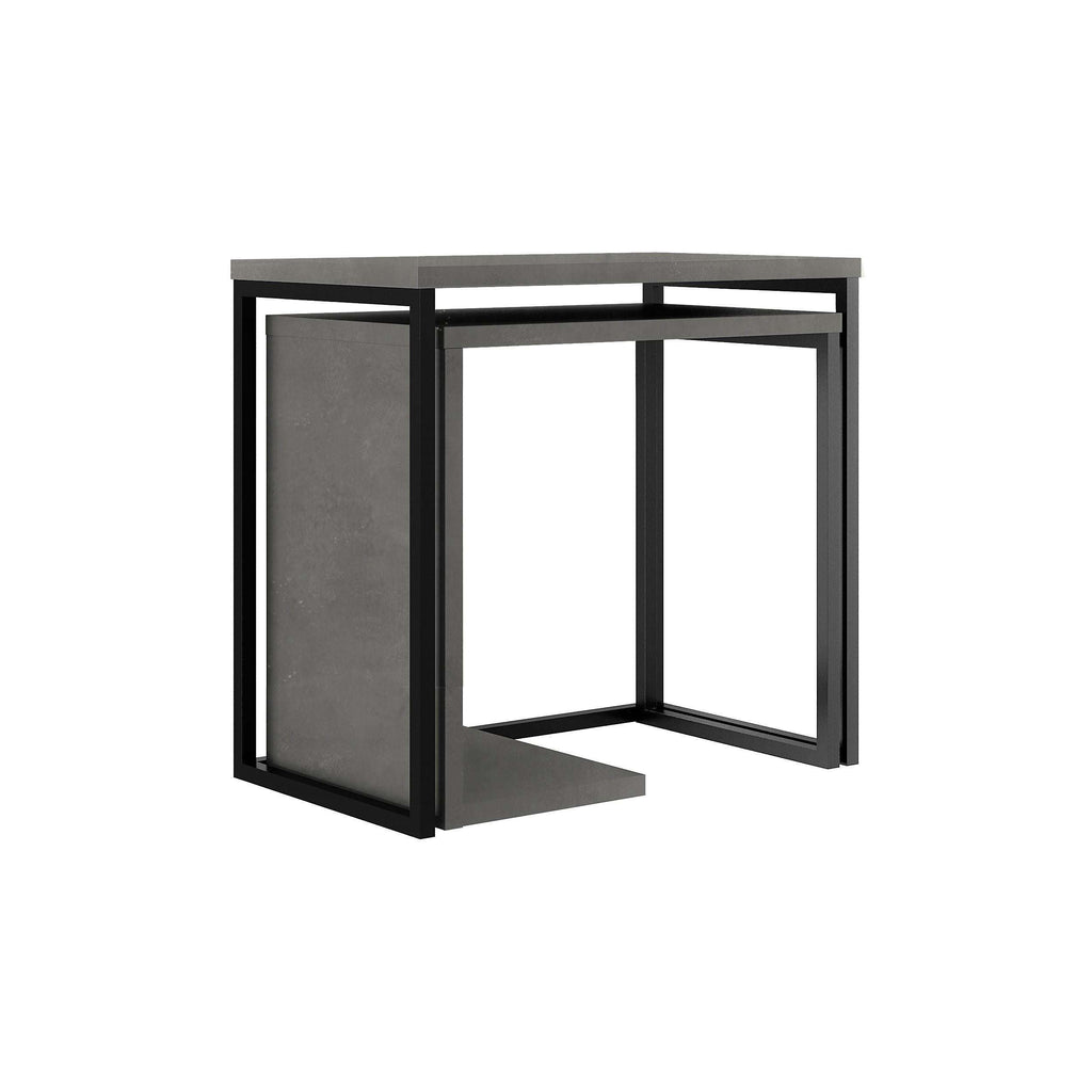 Dark grey nesting side table set with rectangular top, open base, and stacked nesting fit.