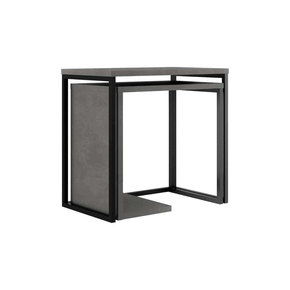 Dark grey nesting side table set with rectangular top, open base, and stacked nesting fit.