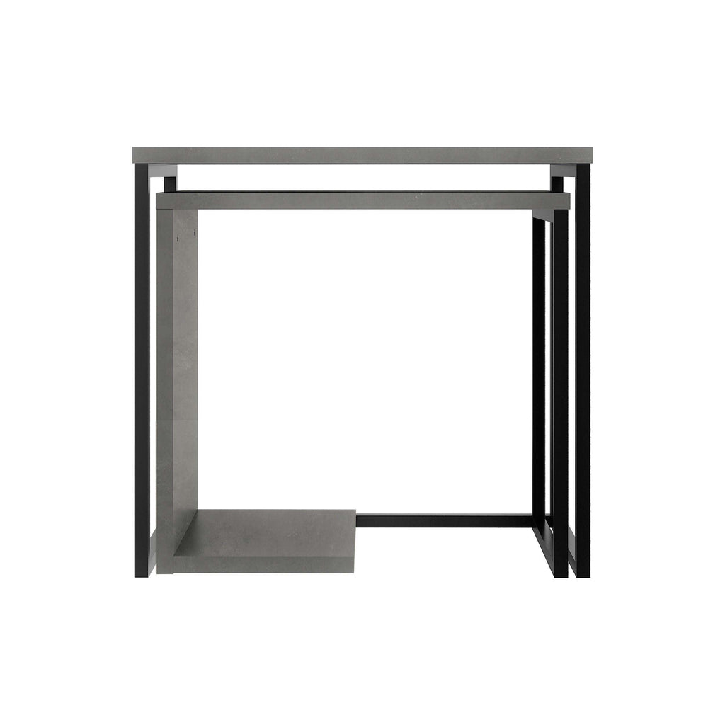 Retro grey nesting side table with black metal frame and open storage shelf
