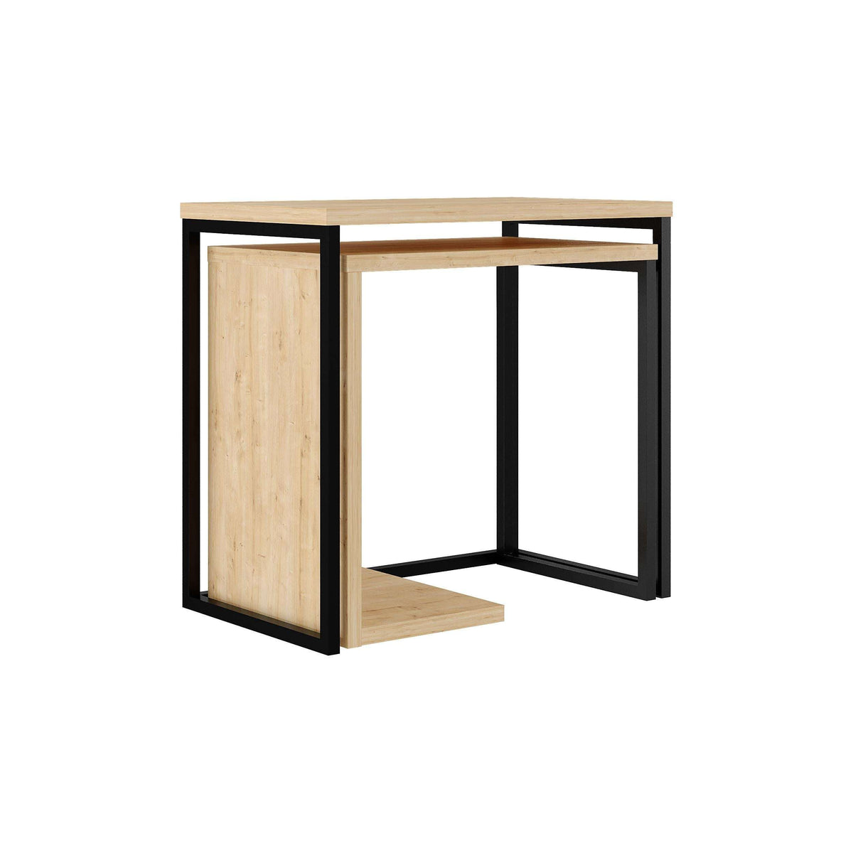 Light oak nesting side table set with black frame, rectangular top, and nested open base.